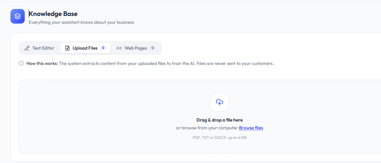 The RevoplyAI knowledge base: files, web pages and text